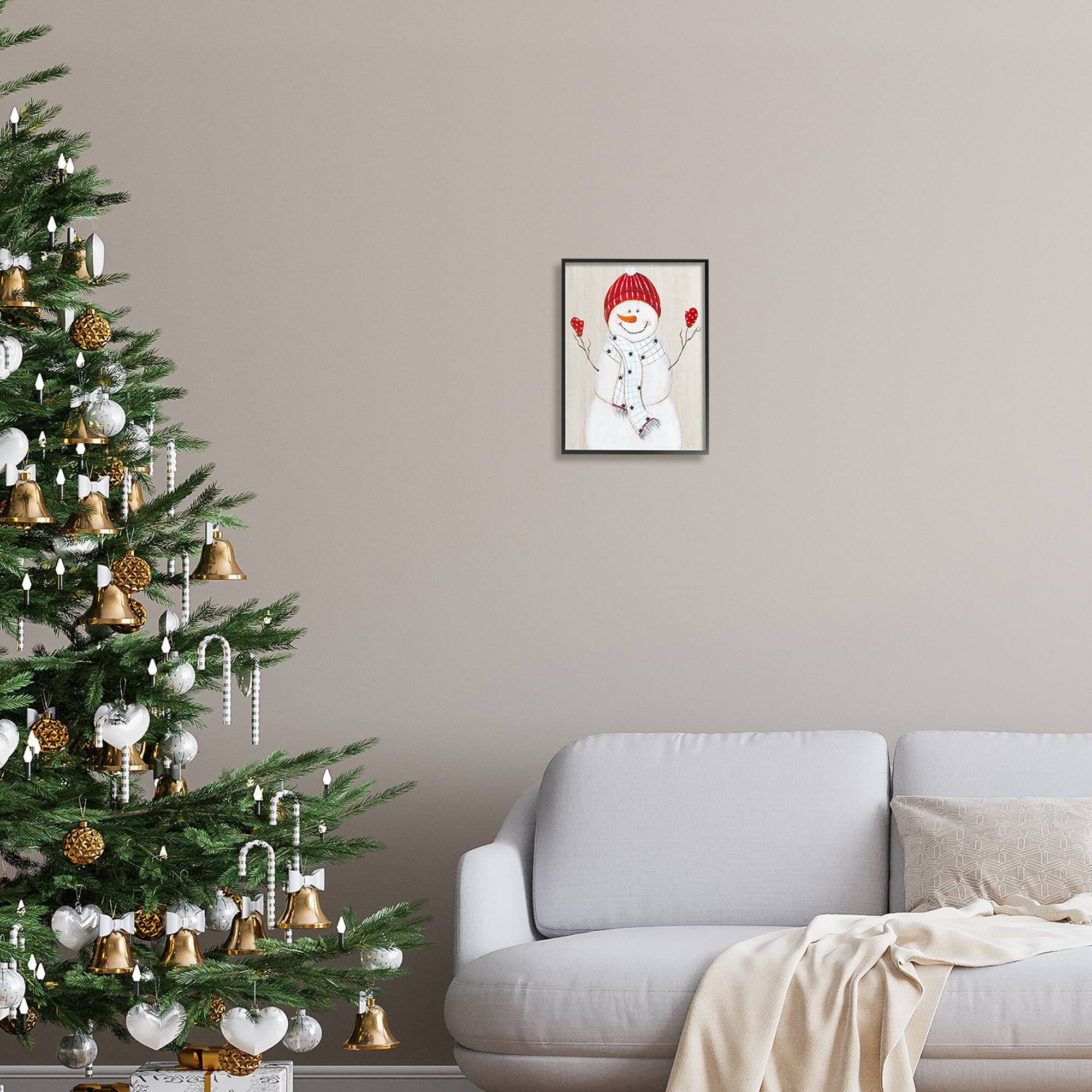 Stupell Industries Seasonal Snowman Smiling Red Hat Framed Giclee Art